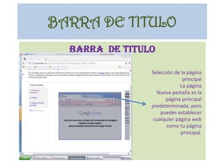 BARRA DE TITULOBARRA  DE TITULOSelección de la página principal 	La página Nueva pestaña es la página principal predeterminada, pero puedes establecer cualquier página web como tu página principal. 