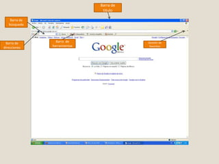 Barra de tituloBarra de búsquedaBarra  de herramientasBarra de direccionesGestión de favoritos
