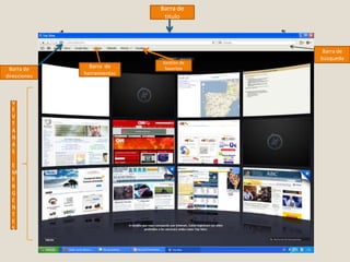 Barra de tituloBarra de búsquedaGestión de favoritosBarra  de herramientasBarra de direccionesVEVTANASEMERGENTES