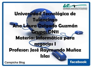 Universidad Tecnológica de
           Tulancingo
 Ana Laura Delgado Guzmán
           Grupo: DN11
   Materia: Informática para
            negocios I
Profesor: José Raymundo Muñoz
               Islas
 