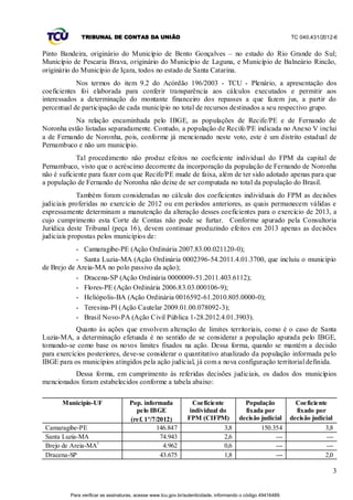 TRIBUNAL DE CONTAS DA UNIÃO                                                                    TC 040.431/2012-6


Pinto Bandeira, originário do Município de Bento Gonçalves – no estado do Rio Grande do Sul;
Município de Pescaria Brava, originário do Município de Laguna, e Município de Balneário Rincão,
originário do Município de Içara, todos no estado de Santa Catarina.
            Nos termos do item 9.2 do Acórdão 196/2003 - TCU - Plenário, a apresentação dos
coeficientes foi elaborada para conferir transparência aos cálculos executados e permitir aos
interessados a determinação do montante financeiro dos repasses a que fazem jus, a partir do
percentual de participação de cada município no total de recursos destinados a seu respectivo grupo.
           Na relação encaminhada pelo IBGE, as populações de Recife/PE e de Fernando de
Noronha estão listadas separadamente. Contudo, a população de Recife/PE indicada no Anexo V inclui
a de Fernando de Noronha, pois, conforme já mencionado neste voto, este é um distrito estadual de
Pernambuco e não um município.
            Tal procedimento não produz efeitos no coeficiente individual do FPM da capital de
Pernambuco, visto que o acréscimo decorrente da incorporação da população de Fernando de Noronha
não é suficiente para fazer com que Recife/PE mude de faixa, além de ter sido adotado apenas para que
a população de Fernando de Noronha não deixe de ser computada no total da população do Brasil.
             Também foram consideradas no cálculo dos coeficientes individuais do FPM as decisões
judiciais proferidas no exercício de 2012 ou em períodos anteriores, as quais permanecem válidas e
expressamente determinam a manutenção da alteração desses coeficientes para o exercício de 2013, a
cujo cumprimento esta Corte de Contas não pode se furtar. Conforme apurado pela Consultoria
Jurídica deste Tribunal (peça 16), devem continuar produzindo efeitos em 2013 apenas as decisões
judiciais propostas pelos municípios de:
            - Camaragibe-PE (Ação Ordinária 2007.83.00.021120-0);
            - Santa Luzia-MA (Ação Ordinária 0002396-54.2011.4.01.3700, que incluiu o município
de Brejo de Areia-MA no polo passivo da ação);
            - Dracena-SP (Ação Ordinária 0000009-51.2011.403.6112);
            - Flores-PE (Ação Ordinária 2006.83.03.000106-9);
            - Heliópolis-BA (Ação Ordinária 0016592-61.2010.805.0000-0);
            - Teresina-PI (Ação Cautelar 2009.01.00.078092-3);
            - Brasil Novo-PA (Ação Civil Pública 1-28.2012.4.01.3903).
            Quanto às ações que envolvem alteração de limites territoriais, como é o caso de Santa
Luzia-MA, a determinação efetuada é no sentido de se considerar a população apurada pelo IBGE,
tomando-se como base os novos limites fixados na ação. Dessa forma, quando se mantém a decisão
para exercícios posteriores, deve-se considerar o quantitativo atualizado da população informada pelo
IBGE para os municípios atingidos pela ação judicial, já com a nova configuração territorial definida.
          Dessa forma, em cumprimento às referidas decisões judiciais, os dados dos municípios
mencionados foram estabelecidos conforme a tabela abaixo:

      Município-UF                  Pop. informada              Coeficiente             População              Coeficiente
                                      pelo IBGE                individual do            fixada por             fixado por
                                    (ref. 1º/7/2012)          FPM (CIFPM)             decisão judicial       decisão judicial
 Camaragibe-PE                                 146.847                      3,8               150.354                     3,8
 Santa Luzia-MA                                 74.943                      2,6                     ---                    ---
 Brejo de Areia-MA1                              4.962                      0,6                     ---                    ---
 Dracena-SP                                     43.675                      1,8                     ---                   2,0

                                                                                                                             3


         Para verificar as assinaturas, acesse www.tcu.gov.br/autenticidade, informando o código 49416489.
 