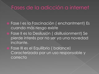  Fase I es la Fascinación ( enchantment) Es
  cuando más riesgo existe
 Fase II es la Desilusión ( disillusionment) Se
  pierde interés por no ser ya una novedad
  incitante.
 Fase III es el Equilibrio ( balance)
  Caracterizada por un uso responsable y
  correcto
 