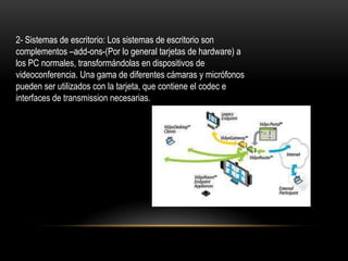 2- Sistemas de escritorio: Los sistemas de escritorio son
complementos –add-ons-(Por lo general tarjetas de hardware) a
los PC normales, transformándolas en dispositivos de
videoconferencia. Una gama de diferentes cámaras y micrófonos
pueden ser utilizados con la tarjeta, que contiene el codec e
interfaces de transmission necesarias.
 