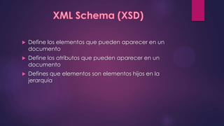    Define los elementos que pueden aparecer en un
    documento
   Define los atributos que pueden aparecer en un
    documento
   Defines que elementos son elementos hijos en la
    jerarquía
 