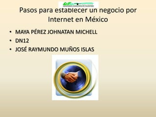 Pasos para establecer un negocio por
            Internet en México
• MAYA PÉREZ JOHNATAN MICHELL
• DN12
• JOSÉ RAYMUNDO MUÑOS ISLAS
 