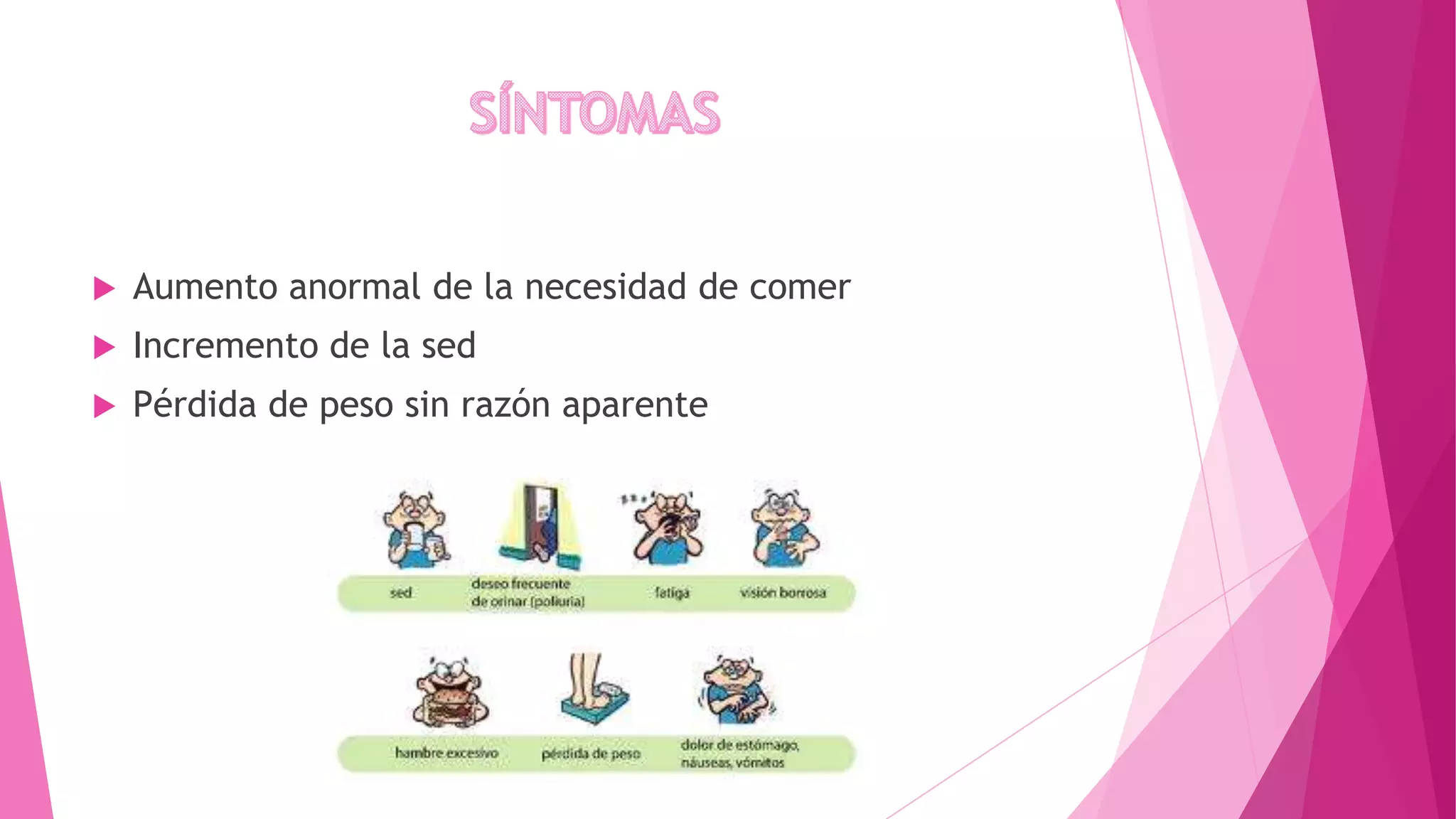  Aumento anormal de la necesidad de comer
Incremento de la sed
Pérdida de peso sin razón aparente
