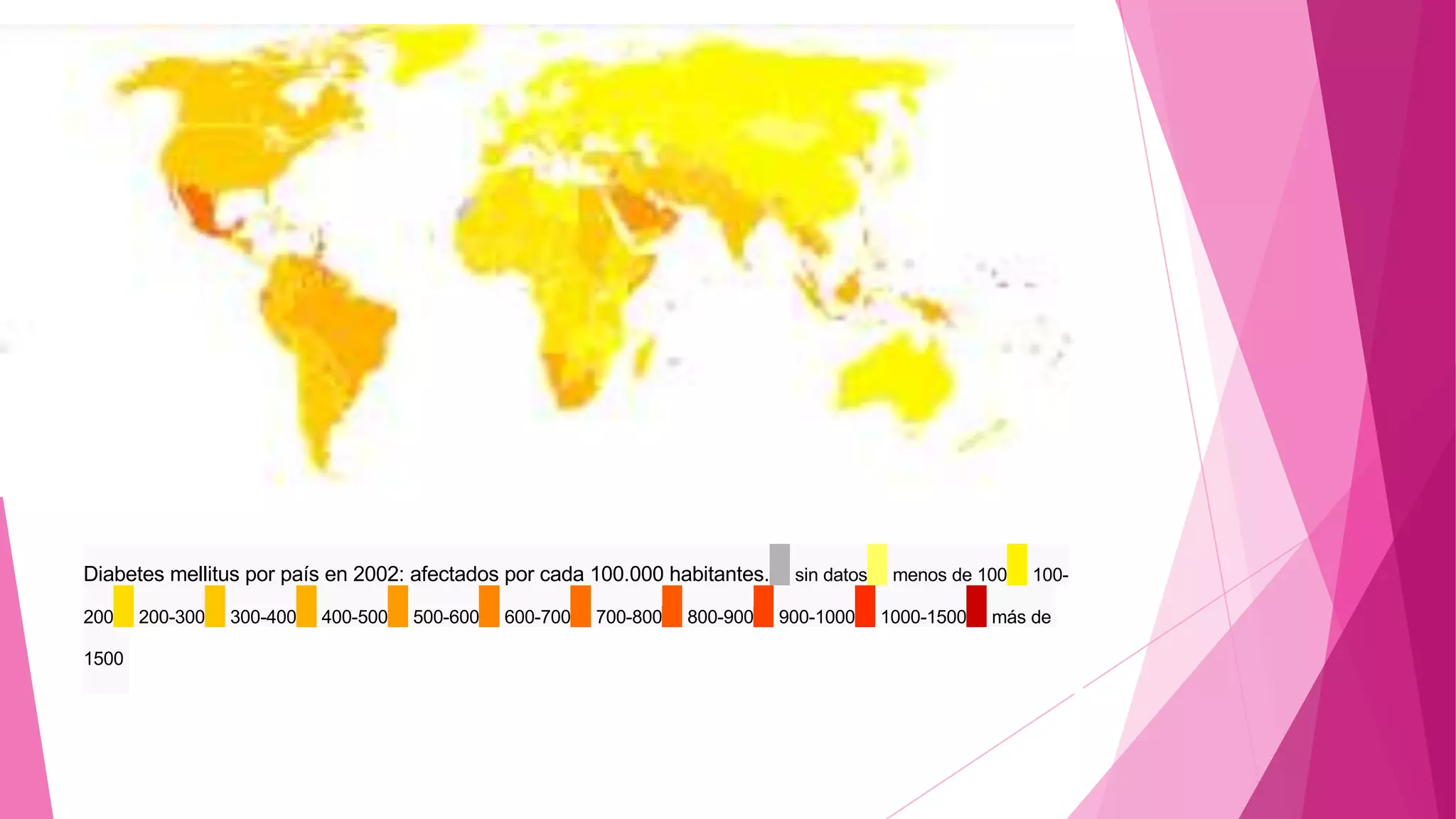 Diabetes mellitus por país en 2002: afectados por cada 100.000 habitantes. sin datos menos de 100 100-
200 200-300 300-400 400-500 500-600 600-700 700-800 800-900 900-1000 1000-1500 más de
1500
