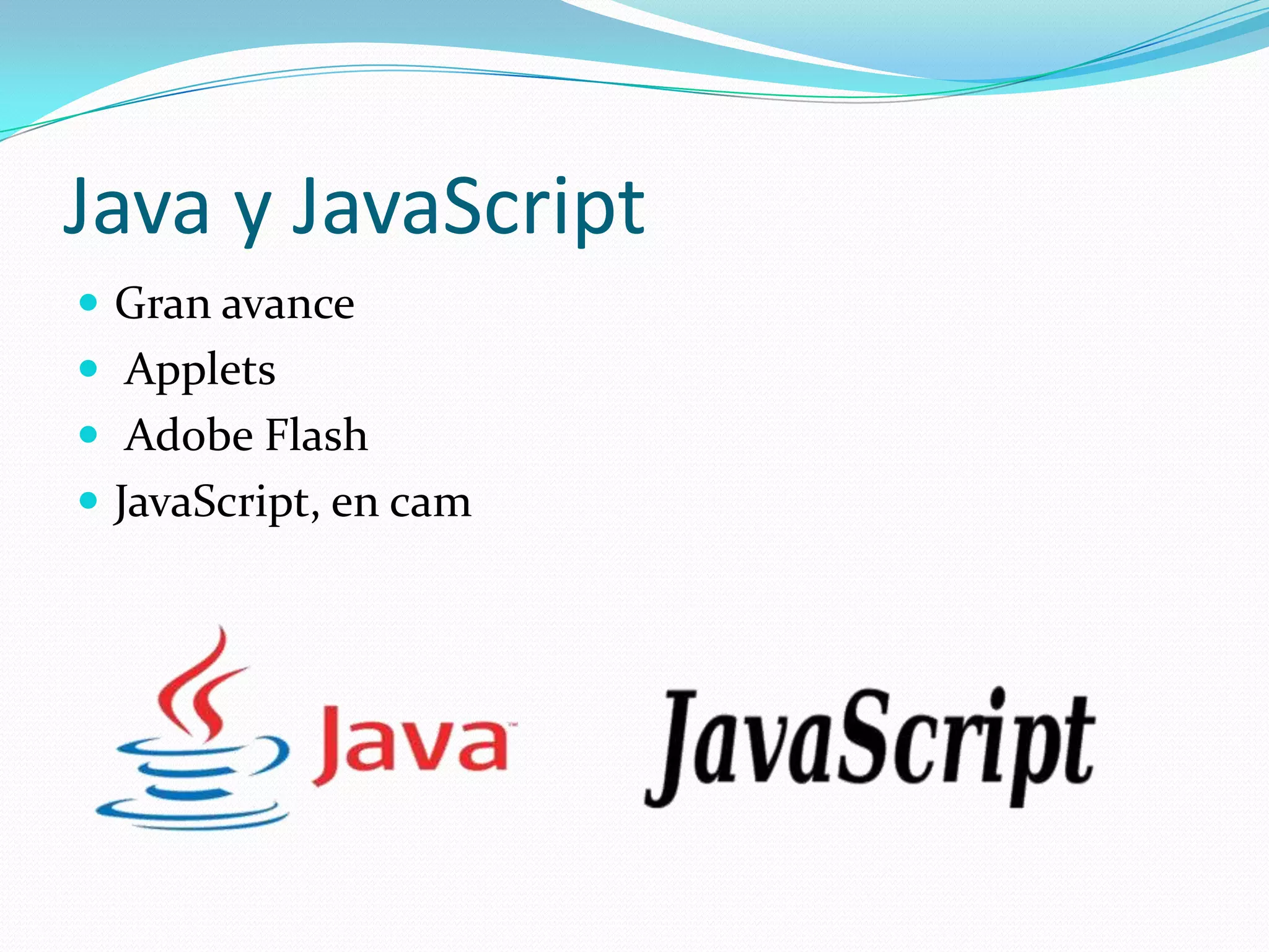 Java y JavaScript
 Gran avance
 Applets
 Adobe Flash
 JavaScript, en cam
 