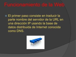 Funcionamiento de la WebEl primer paso consiste en traducir la parte nombre del servidor de la URL en una dirección IP usando la base de datos distribuida de Internet conocida como DNS.