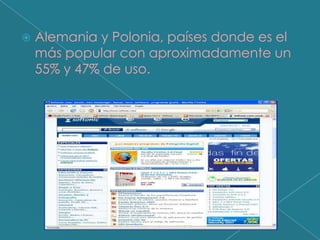    Alemania y Polonia, países donde es el
    más popular con aproximadamente un
    55% y 47% de uso.
 