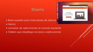  Barra superior para indicadores de sistema
Menús
Lanzador de aplicaciones al costado izquierdo
Tablero que despliega accesos a aplicaciones