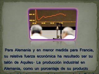 Para Alemania y en menor medida para Francia, su relativa fuerza económica ha resultado ser su talón de Aquiles. La producción industrial en Alemania, como un porcentaje de su producto nacional bruto, es más de dos veces la de Estados Unidos.  
