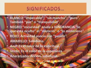 • BLANCO:“impecable”; “sin mancha”; “puro”.
También “paz” o “tranquilidad”.
• NEGRO:“oscuridad” aluda a IGNORANCIA “lo
que está oculto” el “misterio” o “lo misterioso”.
• ROJO: Actividad asocia con “pasión”.
• AMARILLO: Sabiduría.
• Azul: Es el color de lo espiritual.
• Verde: Es el color de la esperanza.
• Anaranjado: Acción, sabiduría.