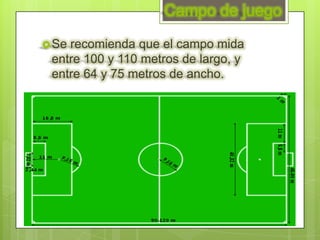 Campo de juego

 Serecomienda que el campo mida
 entre 100 y 110 metros de largo, y
 entre 64 y 75 metros de ancho.
 