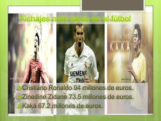 Fichajes mas caros en el fútbol




 CristianoRonaldo 94 millones de euros.
 Zinedine Zidane 73.5 millones de euros.
 Kaká 67.2 millones de euros.
 