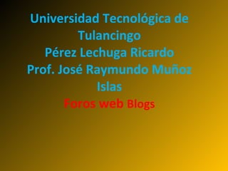 Universidad Tecnológica de Tulancingo Pérez Lechuga Ricardo Prof. José Raymundo Muñoz Islas Foros web  Blogs 
