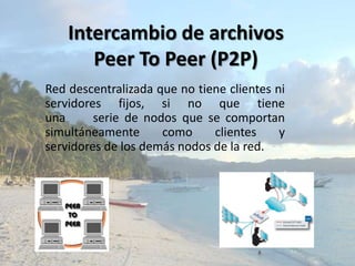 Intercambio de archivosPeer To Peer (P2P) Red descentralizada que no tiene clientes ni servidores fijos, si no que tiene                   una     serie de nodos que se comportan simultáneamente como clientes y servidores de los demás nodos de la red. 