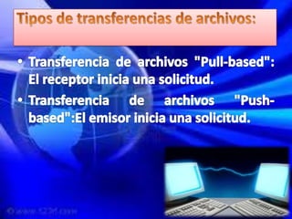 Tipos de transferencias de archivos:Transferencia de archivos "Pull-based": El receptor inicia una solicitud.Transferencia de archivos "Push-based":El emisor inicia una solicitud.