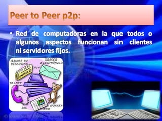 Peer to Peer p2p:Red de computadoras en la que todos o algunos aspectos funcionan sin clientes ni servidores fijos.