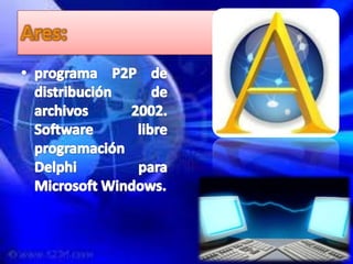 Ares:programa P2P de distribución de archivos 2002. Software libre programación Delphipara Microsoft Windows. 