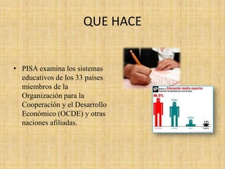 QUE HACE


• PISA examina los sistemas
  educativos de los 33 países
  miembros de la
  Organización para la
  Cooperación y el Desarrollo
  Económico (OCDE) y otras
  naciones afiliadas.
 