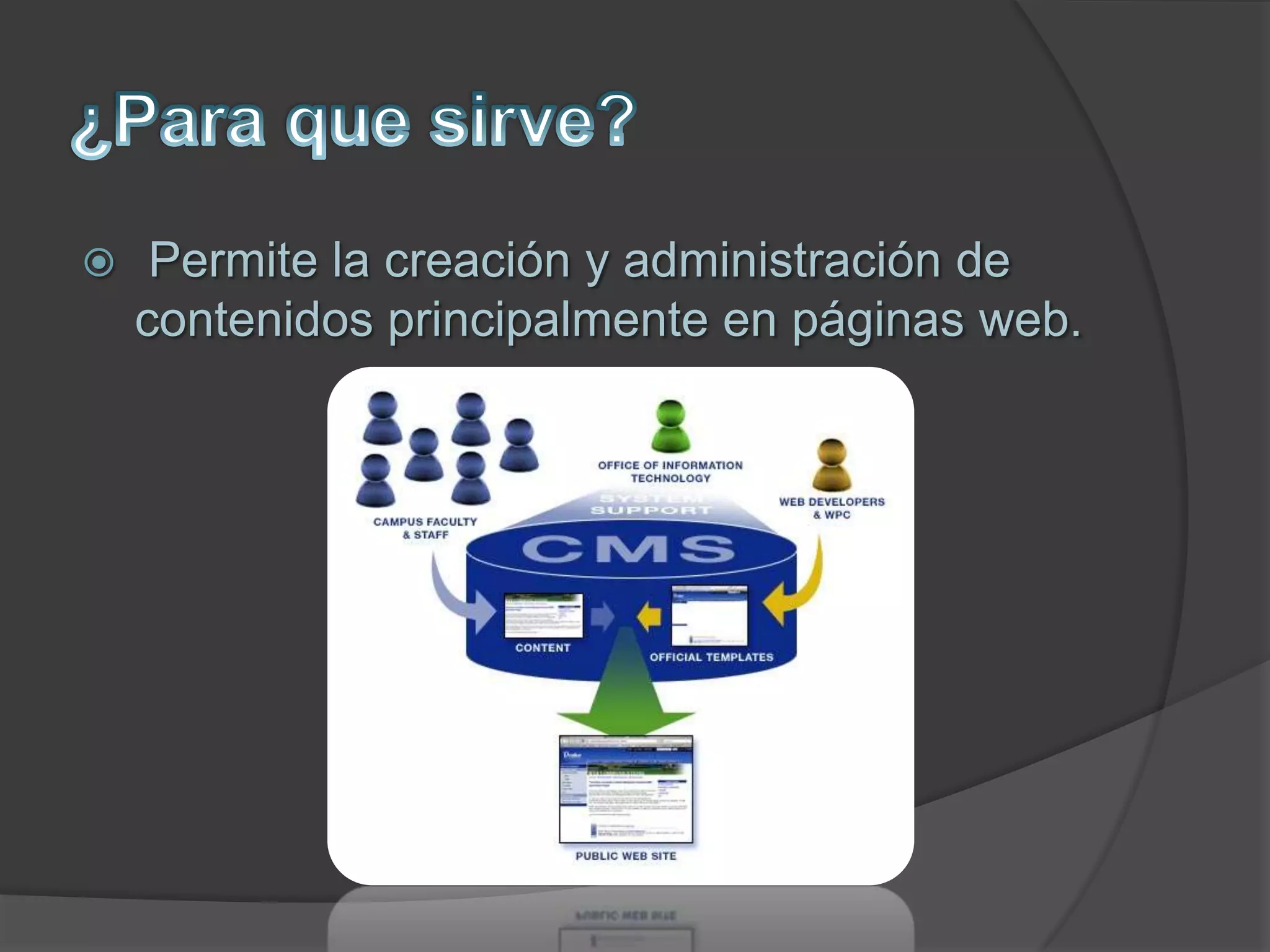  Permite la creación y administración de
contenidos principalmente en páginas web.