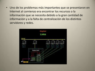 • Uno de los problemas más importantes que se presentaron en
  Internet al comienzo era encontrar los recursos o la
  información que se necesita debido a la gran cantidad de
  información y a la falta de centralización de los distintos
  servidores y redes.
 