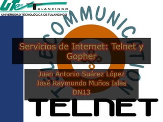 Servicios de Internet: Telnet y
            Gopher

     Juan Antonio Suárez López
    José Raymundo Muños Islas
               DN13
 