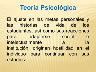 Teoría PsicológicaEl ajuste en las metas personales y las historias de vida de los estudiantes, así como sus reacciones para adaptarse social e intelectualmente a la institución, originan hostilidad en el individuo para continuar con sus estudios.