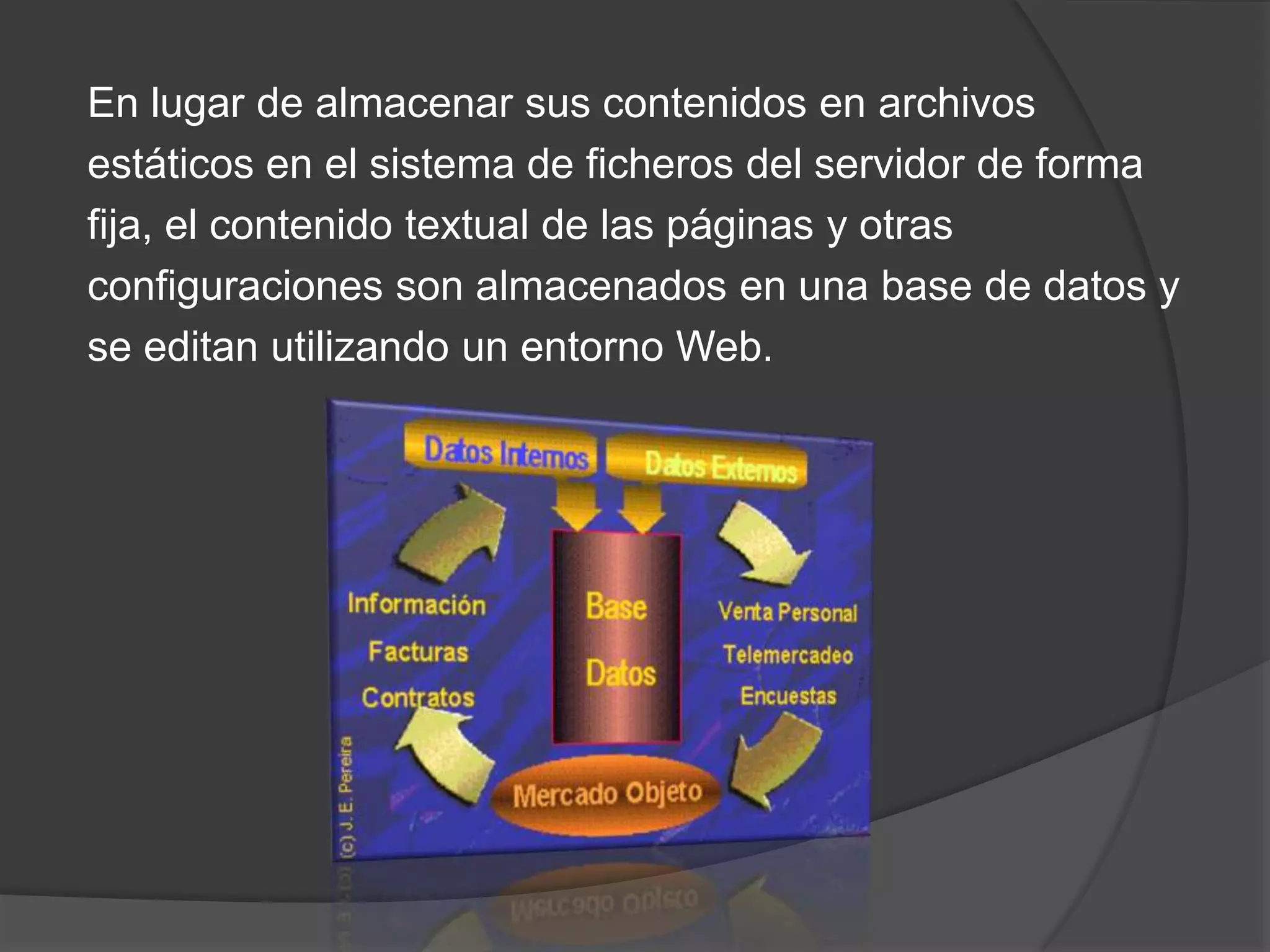En lugar de almacenar sus contenidos en archivos
estáticos en el sistema de ficheros del servidor de forma
fija, el contenido textual de las páginas y otras
configuraciones son almacenados en una base de datos y
se editan utilizando un entorno Web.