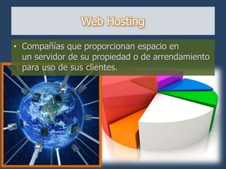 Web Hosting

• Compañías que proporcionan espacio en
  un servidor de su propiedad o de arrendamiento
  para uso de sus clientes.
 