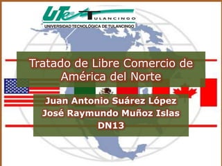 Tratado de Libre Comercio de
      América del Norte

   Juan Antonio Suárez López
  José Raymundo Muñoz Islas
             DN13
 