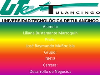 Alumna:
Liliana Bustamante Marroquín
Profe:
José Raymundo Muñoz Isla
Grupo:
DN13
Carrera:
Desarrollo de Negocios
 