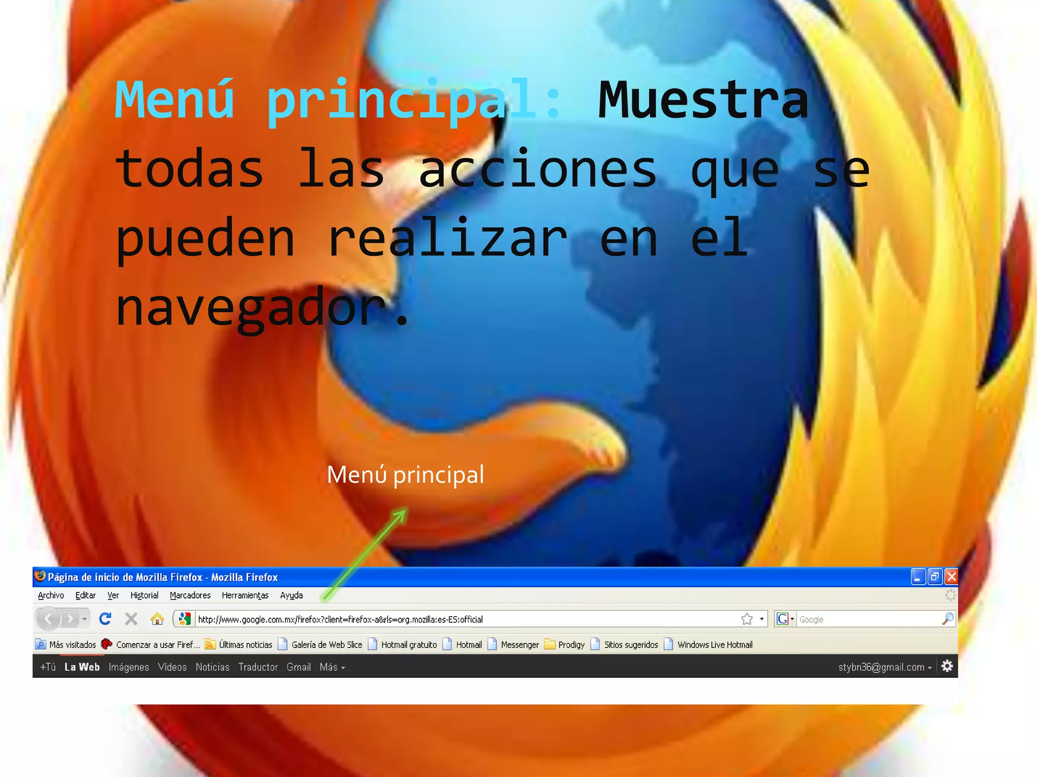 Menú principal: Muestra
todas las acciones que se
pueden realizar en el
navegador.
Menú principal