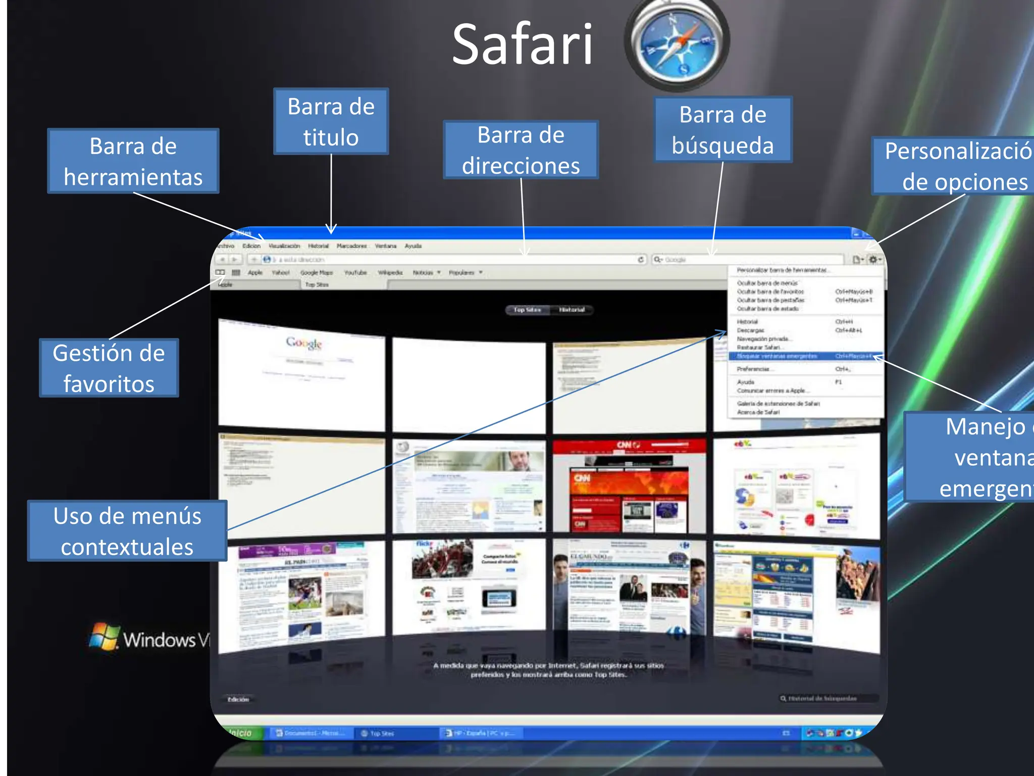 SafariBarra de tituloBarra de búsquedaBarra de direccionesBarra de herramientasPersonalización de opcionesGestión de favoritosManejo de ventanas emergentesUso de menús contextuales 