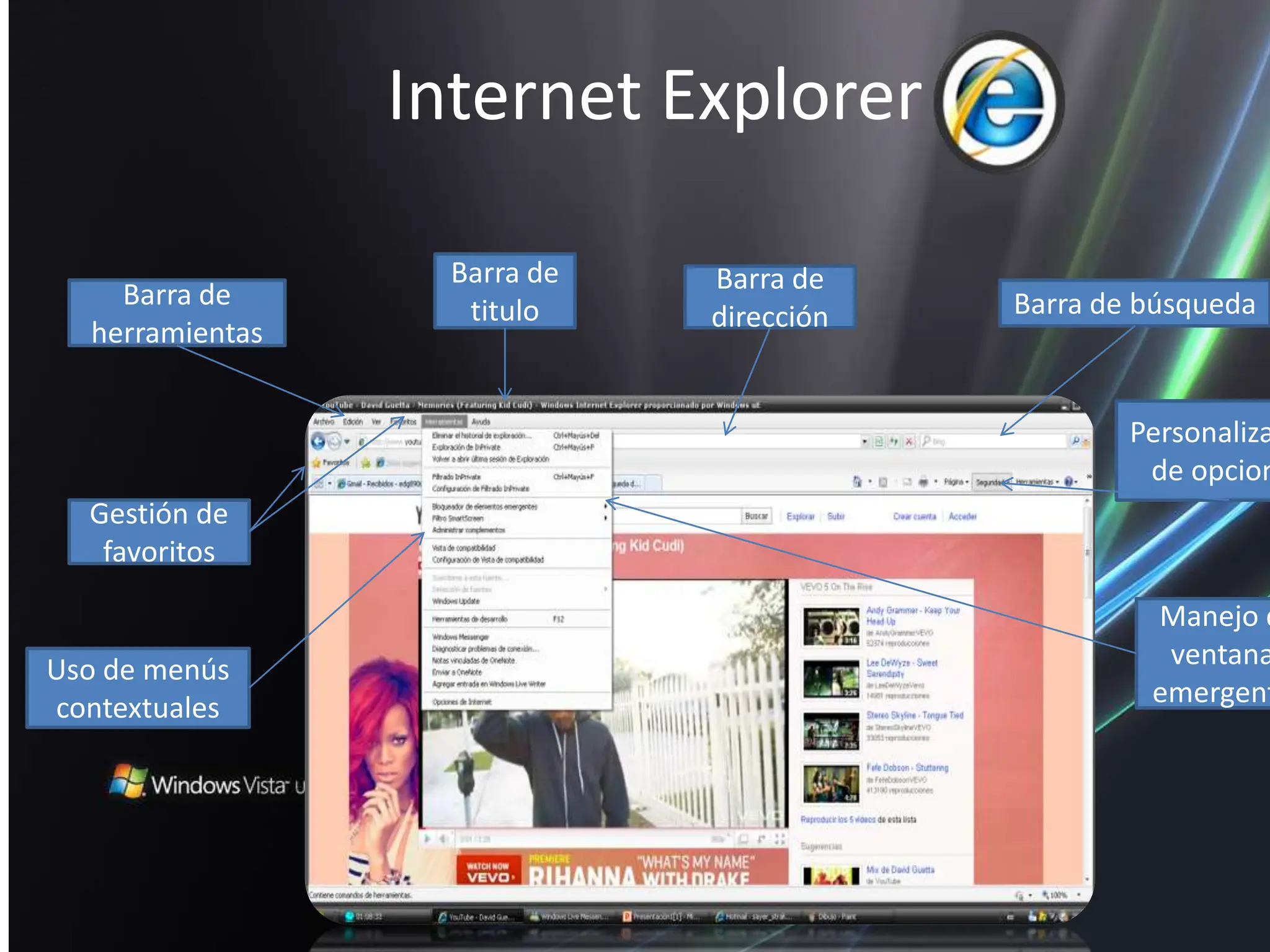 Internet ExplorerBarra de tituloBarra de direcciónBarra de herramientasBarra de búsquedaPersonalización de opcionesGestión de favoritosManejo de ventanas emergentesUso de menús contextuales