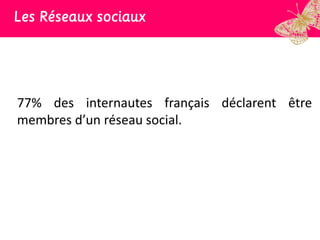 Les Réseaux sociaux




77% des internautes français déclarent être
membres d’un réseau social.
 