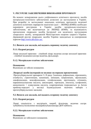 114
V. РЕСУРСНЕ ЗАБЕЗПЕЧЕННЯ ВИКОНАННЯ ПРОТОКОЛУ
На момент затвердження цього уніфікованого клінічного протоколу засоби
матеріально-технічного забезпечення дозволені до застосування в Україні.
При розробці та застосуванні локальних клінічних протоколів медичної
допомоги (клінічних маршрутів пацієнтів) (далі – ЛКПМД (КМП)) необхідно
перевірити реєстрацію в Україні засобів матеріально-технічного
забезпечення, які включаються до ЛКПМД (КМП), та відповідність
призначення лікарських засобів Інструкції для медичного застосування
лікарського засобу, затвердженій Міністерством охорони здоров’я України.
Державний реєстр лікарських засобів України знаходиться за електронною
адресою http://www.drlz.kiev.ua/.
5.1. Вимоги для закладів, які надають первинну медичну допомогу
5.1.1. Кадрові ресурси
Лікар загальної практики – сімейний лікар; медична сестра загальної практики
– сімейної медицини (сестра медична, фельдшер).
5.1.2. Матеріально-технічне забезпечення
Оснащення:
Відповідно до табелю оснащення.
Лікарські засоби (нумерація не впливає на порядок призначення):
Протитуберкульозні препарати I і ІІ ряду: Ізоніазид, рифампіцин, піразинамід,
етамбутол, стрептоміцин, канаміцин, амікацин, капреоміцин, офлоксацин,
левофлоксацин, моксифлоксацин, гатифлоксацин, протіонамід, етіонамід,
парааміносаліцилова кислота, циклосерин, теризидон, лінезолід, клофазимін,
амоксицилін + клавуланова кислота, кларитроміцин (передаються за Актом
прийому-передачі у вигляді Індивідуальних місячних наборів з
протитуберкульозних закладів).
5.2. Вимоги для закладів, які надають вторинну медичну допомогу
5.2.1. Кадрові ресурси
Лікарі спеціалісти з внутрішніх хвороб, фтизіатри, медична сестра
тубкабінету/поліклініки міськ(рай)тубдиспансеру/ДОТ-кабінету.
5.2.2. Матеріально-технічне забезпечення
Оснащення:
Відповідно до табельного оснащення.
 