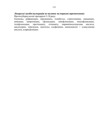 115
Лікарські засоби (нумерація не впливає на порядок призначення):
Протитуберкульозні препарати I і ІІ ряду:
Ізоніазид, рифампіцин, піразинамід, етамбутол, стрептоміцин, канаміцин,
амікацин, капреоміцин, офлоксацин, левофлоксацин, моксифлоксацин,
гатифлоксацин, протіонамід, етіонамід, парааміносаліцилова кислота,
циклосерин, теризидон, лінезолід, клофазимін, амоксицилін + клавуланова
кислота, кларитроміцин.
 