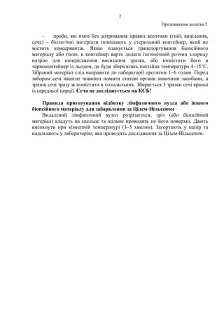 2
Продовження додатка 5
– проби, які взяті без дотримання правил асептики (гній, виділення,
сеча) – біологічні матеріали поміщають у стерильний контейнер, який не
містить консервантів. Якщо планується транспортування біопсійного
матеріалу або гною, в контейнер варто додати ізотонічний розчин хлориду
натрію для попередження висихання зразка, або помістити його в
термоконтейнер із льодом, де буде зберігатись постійна температура 4–15°С.
Зібраний матеріал слід направити до лабораторії протягом 1–6 годин. Перед
забором сечі пацієнт повинен помити статеві органи миючими засобами, а
зразок сечі зразу ж помістити в холодильник. Збирається 3 зразки сечі вранці
із середньої порції. Сеча не досліджується на КСБ!
Правила приготування відбитку лімфатичного вузла або іншого
біопсійного матеріалу для забарвлення за Цілем-Нільсеном
Видалений лімфатичний вузол розрізається, зріз (або біопсійний
матеріал) кладуть на скельце та щільно проводять по його поверхні. Дають
висохнути при кімнатній температурі (3–5 хвилин). Загортають у папір та
надсилають у лабораторію, яка проводить дослідження за Цілем-Нільсеном.
 