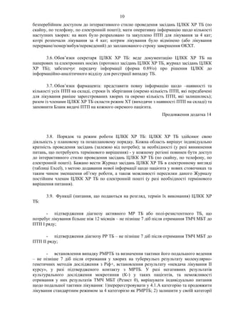 10
безперебійним доступом до інтерактивного стилю проведення засідань ЦЛКК ХР ТБ (по
скайпу, по телефону, по електронній пошті); мати оперативну інформацію щодо кількості
наступних хворих: на яких було розраховано та закуплено ПТП для лікування за 4 кат;
котрі розпочали лікування за 4 кат; котрим лікування було відмінено (або лікування
перерване/помер/вибув/переведений) до запланованого строку завершення ОКХТ.
3.6. Обов’язки секретаря ЦЛКК ХР ТБ: веде документацію ЦЛКК ХР ТБ на
паперових та електронних носіях (протокол засідань ЦЛКК ХР ТБ, журнал засідань ЦЛКК
ХР ТБ); забезпечує передачу інформації (форма 0.89/о) про рішення ЦЛКК до
інформаційно-аналітичного відділу для реєстрації випадку ТБ.
3.7. Обов’язки фармацевта: представити повну інформацію щодо –наявності та
кількості усіх ПТП на складі, строки їх зберігання (окремо кількість ПТП, які передбачені
для лікування раніше зареєстрованих хворих та окремо кількість ПТП, які залишились);
разом із членами ЦЛКК ХР ТБ скласти режим ХТ (виходячи з наявності ПТП на складі) та
заповнити Бланк видачі ПТП на кожного окремого пацієнта.
Продовження додатка 14
3.8. Порядок та режим роботи ЦЛКК ХР ТБ: ЦЛКК ХР ТБ здійснює свою
діяльність у плановому та позаплановому порядку. Кожна область вирішує індивідуально
кратність проведення засідань (залежно від потреби); за необхідності (у разі виникнення
питань, що потребують термінового вирішення) - у кожному регіоні повинен бути доступ
до інтерактивного стилю проведення засідань ЦЛКК ХР ТБ (по скайпу, по телефону, по
електронній пошті). Бажано вести Журнал засідань ЦЛКК ХР ТБ в електронному вигляді
(таблиці Excel), з метою додавання нової інформації щодо пацієнта у нових стовпчиках та
таким чином зменшення об’єму роботи, а також можливості пересилки даного Журналу
постійним членам ЦЛКК ХР ТБ по електронній пошті (у разі необхідності термінового
вирішення питання).
3.9. Функції (питання, що подаються на розгляд, термін їх виконання) ЦЛКК ХР
ТБ:
- підтвердження діагнозу активного МР ТБ або полі-резистентного ТБ, що
потребує лікування більше ніж 12 місяців – не пізніше 7 діб після отримання ТМЧ МБТ до
ПТП І ряду;
- підтвердження діагнозу РР ТБ – не пізніше 7 діб після отримання ТМЧ МБТ до
ПТП ІІ ряду;
- встановлення випадку РМРТБ та визначення тактики його подальшого ведення
– не пізніше 7 діб після отримання у хворих на туберкульоз результату молекулярно-
генетичних методів дослідження з Ріф+, встановлення результату «невдача лікування ІІ
курсу», у разі підтвердженого контакту з МРТБ. У разі негативних результатів
культурального дослідження мокротиння (К-) у таких пацієнтів, та неможливості
отримання у них результатів ТМЧ МБТ (Резист 0), вирішувати індивідуально питання
щодо подальшої тактики лікування: 1)перереєстровувати у 4.1.А категорію та продовжити
лікування стандартним режимом за 4 категорією як РМРТБ; 2) залишити у своїй категорії
 
