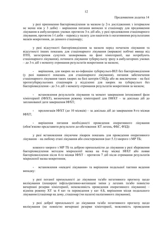12
Продовження додатка 14
у разі припинення бактеріовиділення за мазком (у 2-х дослідженнях з інтервалом
не менш ніж у 3 доби) – вирішення питання виписки зі стаціонару для продовження
лікування в амбулаторних умовах протягом 3-х діб або, у разі продовження стаціонарного
лікування, протягом 1-ї доби – перевід у палату для пацієнтів із негативними результатами
мазків мокротиння, до денного стаціонару;
у разі відсутності бактеріовиділення за мазком перед початком лікування та
відсутності інших показань для стаціонарного лікування (виражені побічні явища від
ПТП, загострення супутніх захворювань на фоні хіміотерапії, що потребують
стаціонарного лікування), починати лікування туберкульозу зразу в амбулаторних умовах
– до 3-х діб з моменту отримання результатів мокротиння за мазком;
- вирішення, для хворих на ко-інфекцію туберкульоз-ВІЛ без бактеріовиділення
(у разі наявності показань для стаціонарного лікування), питання забезпечення
стаціонарного лікування таких хворих на базі центрів СНІДу або як виключення – на базі
протитуберкульозних стаціонарів у відділенні для хворих на туберкульоз без
бактеріовиділення - до 3-х діб з моменту отримання результатів мокротиння за мазком;
- встановлення результатів лікування та момент завершення інтенсивної фази
хіміотерапії (ІФХТ), визначення режиму хіміотерапії для ПФХТ – за декілька діб до
запланованої дати завершення ІФХТ;
- пролонгація ІФХТ (до 10 місяців) – за декілька діб до завершення 8-го місяця
ІФХТ;
- вирішення питання необхідності проведення оперативного лікування
(обов’язково представити результати до-обстеження: КТ легень, ФБС, ФЗД):
у разі встановлення лікуючим лікарем показань для проведення оперативного
лікування – на любому етапі лікування або спостереження (кат 5.1) хворого з МР ТБ;
кожного хворого з МР ТБ та доброю прихильністю до лікування у разі збереження
бактеріовиділення методом мікроскопії мазка на 4-му місяці ІФХТ або появи
бактеріовилілення після 4-го місяця ІФХТ – протягом 7 діб після отримання результатів
мікроскопії мазка мокротиння;
- встановлення «невдачі лікування» та вирішення подальшої тактики ведення
випадку:
у разі поганої прихильності до лікування та/або негативного прогнозу щодо
вилікування (поширені інфільтративно-вогнищеві зміни у легенях та/або повністю
вичерпані резерви хіміотерапії, неможливість проведення оперативного лікування) –
відміна режиму ХТ за 4 кат та переведення у кат 4.Б, вирішення місця подальшого
лікування (стаціонар на дому, стаціонар (чи палати) паліативного лікування);
у разі доброї прихильності до лікування та/або позитивного прогнозу щодо
вилікування (не повністю вичерпані резерви хіміотерапії, можливість проведення
 