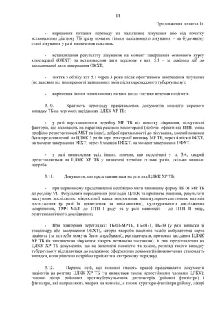 14
Продовження додатка 14
- вирішення питання переводу на паліативне лікування або від початку
встановлення діагнозу ТБ зразу початок тільки паліативного лікування – на будь-якому
етапі лікування у разі визначення показань.
- встановлення результату лікування на момент завершення основного курсу
хіміотерапії (ОКХТ) та встановлення дати переводу у кат. 5.1 – за декілька діб до
запланованої дати завершення ОКХТ;
- зняття з обліку кат 5.1 через 3 роки після ефективного завершення лікування
(не залежно від поширеності залишкових змін після перенесеного туберкульозу);
- вирішення інших позапланових питань щодо тактики ведення пацієнтів.
3.10. Кратність перегляду представлених документів кожного окремого
випадку ТБ на чергових засіданнях ЦЛКК ХР ТБ:
- у разі неускладненого перебігу МР ТБ від початку лікування, відсутності
факторів, що впливають на перегляд режимів хіміотерапії (побічні ефекти від ПТП, зміна
профілю резистентності МБТ та інше), доброї прихильності до лікування, хворий повинен
бути представлений на ЦЛКК 5 разів: при реєстрації випадку МР ТБ, через 4 місяці ІФХТ,
на момент завершення ІФХТ, через 6 місяців ПФХТ, на момент завершення ПФХТ.
- у разі виникнення усіх інших причин, що перелічені у п. 3.4, хворий
представляється на ЦЛКК ХР ТБ у визначені терміни стільки разів, скільки виникає
потреба.
3.11. Документи, що представляються на розгляд ЦЛКК ХР ТБ:
- при первинному представленні необхідно мати заповнену форму ТБ 01 МР ТБ
до розділу VІ. Результати періодичних розглядів ЦЛКК та прийняте рішення, результати
наступних досліджень: мікроскопії мазка мокротиння, молекулярно-генетичних методів
дослідження (у разі їх проведення за показаннями), культурального дослідження
мокротиння, ТМЧ МБТ до ПТП І ряду та у разі наявності – до ПТП ІІ ряду,
рентгенологічного дослідження;
- При повторних переглядах: ТБ-01-МРТБ, ТБ-01-1, ТБ-09 (у разі виписки зі
стаціонару або завершення ОКХТ), історія хвороби пацієнта та/або амбулаторна карта
пацієнта (за потреби можуть бути затребувані), рентген-архів, протокол засідання ЦЛКК
ХР ТБ (із заповненою лікуючим лікарем верхньою частиною). У разі представлення на
ЦЛКК ХР ТБ документів, що не заповнені повністю та якісно, розгляд такого випадку
туберкульозу відхиляється до належного оформлення документів (виключення становлять
випадки, коли рішення потрібно приймати в екстреному порядку).
3.12. Перелік осіб, що повинні (мають право) представляти документи
пацієнтів на розгляд ЦЛКК ХР ТБ (та являються також непостійними членами ЦЛКК):
головні лікарі районних протитуберкульозних диспансерів (районні фтизіатри) і
фтизіатри, які направляють хворих на комісію, а також куратори-фтизіатри району, лікарі
 