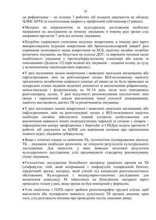 24
до рифампіцину – не пізніше 7 робочих діб подання документів на обласну
ЦЛКК-ХРТБ та госпіталізація хворого у профільний тубстаціонар (3 рівень).
•Матеріал на мікроскопічне та культуральне дослідження необхідно
направляти на дослідження до початку лікування; в іншому разі зразки слід
направити протягом 7 днів від початку лікування;
•Потрібно одержувати спонтанно виділене мокротиння; в іншому разі варто
використовувати індукцію мокротиння або бронхоальвеолярний лаважУ разі
отримання позитивного мазка мокротиння на КСБ, пацієнту негайно потрібно
розпочати лікування, що базується на підході ДОТ, та вирішити питання щодо
необхідності лікування у протитуберкульозному стаціонарі або вдома за
показаннями (Додаток 12) (при відмові від лікування – подання позову до суду
у встановленому законодавством порядку);
•У разі негативних мазків мокротиння і виявленні запальних вогнищевих або
інфільтративних змін на рентгенограмі легень ВІЛ-негативному пацієнту
призначають антибіотики широкого спектра дії (якщо це не було проведено на
попередніх етапах надання медичної допомоги) за виключенням рифампіцину,
аміноглікозидів і фторхінолонів, на 10–14 днів, після чого повторюють
рентгенограму легень. У разі відсутності розсмоктування патологічних змін
(якщо є переконливі докази виключення іншої етіології захворювання),
пацієнту виставляють діагноз ТБ та розпочинають лікування;
•У разі негативних мазків мокротиння і виявленні запальних вогнищевих або
інфільтративних змін на рентгенограмі легень у ВІЛ-позитивного пацієнта
необхідно негайно забезпечити повний алгоритм дообстежнення для
виключення наявності інших опортуністичних інфекцій та спільно з лікарем –
інфекціоністом центру профілактики т боротьби зі СНІДом подати протягом 5
робочіх діб документи на ЦЛКК для вирішення питання про призначення
повного курсу лікування туберкульозу.
•Якщо є клінічні ознаки та симптоми ТБ, гістологічне підтвердження діагнозу
ТБ – лікування необхідно розпочати, не очікуючи результатів культурального
дослідження. Для пацієнтів, у яких виявлені негативні результати
культурального дослідження, слід продовжувати стандартну рекомендовану
схему лікування;
•Гістологічне дослідження біопсійного матеріалу уражених органів на ТБ
(лімфовузли; гній, який аспірований з лімфовузлів; плевральний біоптат;
хірургічний зразок; матеріал, який узятий під контролем рентгенологічного
обстеження). Культуральні і молекулярно-генетичні дослідження для
визначення комплексу M. tuberculosis на біопсійному матеріалі варто
проводити тільки у разі, якщо зразок не був поміщений у формалін;
•Усім пацієнтам з ПЗТБ варто зробити рентгенографію грудної клітки, щоб
виключити або підтвердити наявність супутнього ТБ органів дихання; крім
того, слід розглянути питання про проведення тестів, описаних вище;
 