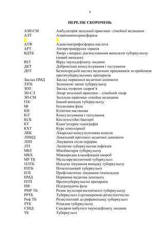 4
ПЕРЕЛІК СКОРОЧЕНЬ
АЗП-СМ Амбулаторія загальної практики– сімейної медицини
АЛТ Аланінамінотрансфераза
АТФ Аденозинтрифосфорна кислота
АРТ Антиретровірусна терапія
ВДТБ Хворі з вперше діагностованим випадком туберкульозу
(новий випадок)
ВІЛ Вірус імунодефіциту людини
ДКТ Добровільне консультування і тестування
ДОТ Безпосередній нагляд медичних працівників за прийомом
протитуберкульозних препаратів
Заклад ПМД Заклад первинної медичної допомоги
ЗЗТБ Залишкові зміни туберкульозу
ЗОЗ Заклад охорони здоров’я
ЗП-СЛ Лікар загальної практики – сімейний лікар
ЗП-СМ Загальна практика–сімейна медицина
ІТБ Інший випадок туберкульозу
ІФ Інтенсивна фаза
КН Клінічна настанова
КіТ Консультування і тестування
КСБ Кислотостійкі бактерії
КТ Комп’ютерна томографія
КХТ Курс хіміотерапії
ЛКК Лікарсько-консультативна комісія
ЛПМД Локальний протокол медичної допомоги
ЛПП Лікування після перерви
ЛТІ Латентна туберкульозна інфекція
МБТ Мікобактерія туберкульозу
МКХ Міжнародна класифікація хвороб
МР ТБ Мультирезистентний туберкульоз
НЛТБ Невдача лікування випадку туберкульозу
ПЗТБ Позалегеневий туберкульоз
ПЛІ Профілактичне лікування ізоніазидом
ПМД Первинна медична допомога
ПТП Протитуберкульозні препарати
ПФ Підтримуюча фаза
РМР ТБ Ризик мультирезистентного туберкульозу
РРТБ Туберкульоз із розширеною резистентністю
Риф ТБ Резистентний до рифампіцину туберкульоз
РТБ Рецидив туберкульозу
СНІД Синдром набутого імунодефіциту людини
ТБ Туберкульоз
 