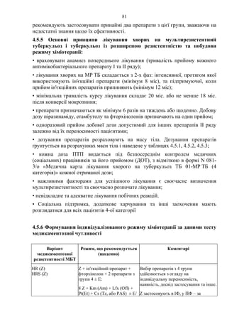 81
рекомендують застосовувати принаймі два препарати з цієї групи, зважаючи на
недостатні знання щодо їх ефективності.
4.5.5 Основні принципи лікування хворих на мультирезистентний
туберкульоз і туберкульоз із розширеною резистентністю та побудови
режиму хіміотерапії:
• враховувати анамнез попереднього лікування (тривалість прийому кожного
антимікобактеріального препарату I та II ряду);
• лікування хворих на МР ТБ складається з 2-х фаз: інтенсивної, протягом якої
використовують ін'єкційні препарати (мінімум 8 міс), та підтримуючої, коли
прийом ін'єкційних препаратів припиняють (мінімум 12 міс);
• мінімальна тривалість курсу лікування складає 20 міс. або не менше 18 міс.
після конверсії мокротиння;
• препарати призначаються як мінімум 6 разів на тиждень або щоденно. Добову
дозу піразинаміду, етамбутолу та фторхінолонів призначають на один прийом;
• одноразовий прийом добової дози допустимий для інших препаратів II ряду
залежно від їх переносимості пацієнтами;
• дозування препаратів розраховують на масу тіла. Дозування препаратів
ґрунтується на розрахунках маси тіла і наведене у таблицях 4.5.1, 4.5.2, 4.5.3;
• кожна доза ПТП видається під безпосереднім контролем медичних
(соціальних) працівників за його прийомом (ДОТ), з відміткою в формі N 081-
3/о «Медична карта лікування хворого на туберкульоз ТБ 01-МР ТБ (4
категорія)» кожної отриманої дози;
• важливими факторами для успішного лікування є своєчасне визначення
мультирезистентності та своєчасно розпочате лікування;
• невідкладне та адекватне лікування побічних реакцій.
• Соціальна підтримка, додаткове харчування та інші заохочення мають
розглядатися для всіх пацієнтів 4-ої категорії
4.5.6 Формування індивідуалізованого режиму хіміотерапії за даними тесту
медикаментозної чутливості
Варіант
медикаментозної
резистентності МБТ
Режим, що рекомендується
(щоденно)
Коментарі
HR (Z)
HRS (Z)
Z + ін'єкційний препарат +
фторхінолон + 2 препарати з
групи 4 ± Е:
8 Z + Km (Am) + Lfx (Ofl) +
Pt(Et) + Cs (Tz, або PAS) ± Е/
Вибір препаратів з 4 групи
здійснюється з огляду на
індивідуальну переносимість,
наявність, досвід застосування та інше.
Z застосовують в ІФ, у ПФ – за
 