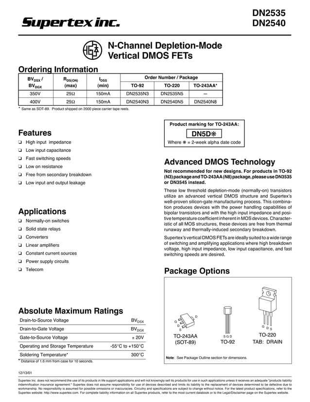 Original N-Channel Mosfet DN2540 DN2540N5 2540 TO-220 New Supertex | PDF