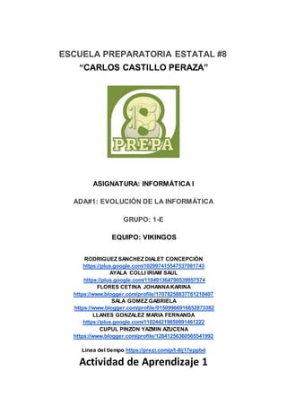 ESCUELA PREPARATORIA ESTATAL #8
“CARLOS CASTILLO PERAZA”
ASIGNATURA: INFORMÁTICA I
ADA#1: EVOLUCIÓN DE LA INFORMÁTICA
GRUPO: 1-E
EQUIPO: VIKINGOS
RODRIGUEZ SANCHEZ DIALET CONCEPCIÓN
https://plus.google.com/102997415547537081743
AYALA COLLI IRIAM SAUL
https://plus.google.com/110491364790539957574
FLORES CETINA JOHANNAKARINA
https://www.blogger.com/profile/17078258837761218407
SALA GOMEZ GABRIELA
https://www.blogger.com/profile/01509966916652873382
LLANES GONZALEZ MARIA FERNANDA
https://plus.google.com/110244219859991461222
CUPUL PINZON YAZMIN AZUCENA
https://www.blogger.com/profile/12841256360565541992
Linea del tiempo https://prezi.com/p/t-8ij17eppbd
Actividad de Aprendizaje 1
 