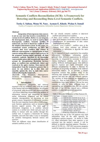Torky I. Sultan, Mona M. Nasr, Ayman E. Khedr, Walaa S. Ismail / International Journal of
     Engineering Research and Applications (IJERA) ISSN: 2248-9622 www.ijera.com
                     Vol. 3, Issue 1, January -February 2013, pp.766-773

     Semantic Conflicts Reconciliation (SCR): A Framework for
      Detecting and Reconciling Data-Level Semantic Conflicts.
      Torky I. Sultan, Mona M. Nasr, Ayman E. Khedr, Walaa S. Ismail
            Faculty of Computers and Information, Information Systems Department, Helwan University


Abstract
         Integration of heterogeneous data sources       We can classify semantic conflicts to data-level
is not an easy task that involves reconciliation of        conflicts and schema-level conflicts.
various levels of conflicts. Before we can integrate       Data –level conflicts: conflicts that arise at the
the heterogeneous data, we need to resolve these            data level (instance level) that related to different
heterogeneity conflicts. Semantic conflict, if              representation or interpretation of data values
undetected, can lead to disastrous results in even          among different sources.
the simplest information system. In this paper, we         Schema –level Conflicts: conflicts arise at the
recommend system architecture to solve the                  Schema level when schemas use different
semantic data level conflicts that related to               alternatives or definitions to describe the same
different representation or interpretation of data          information.
contexts among different sources and receivers. In        As we expected no single organization has complete
the proposed ontology-based approach, all data            information, intelligence information usually
semantics explicitly described in the knowledge           gathered from different organizations in different
representation phase and automatically taken into         countries, so integration is necessary to perform
account by Interpretation Mediation Services              various intelligence analyses and for decision-
phase so conflicts can automatically detect and           making. Different challenges appear when different
resolved at the query runtime. Data sources still         agencies organize and report information using
independent from the integration process that is          different interpretations. In order to illustrate the
mean we can retrieve up to date data and                  challenges of integrating information from different
smoothly update the data in each data source              information sources, let us consider a simple
without affecting the framework.                          integration scenario that involves many of the
 Keywords: Data Integration, Heterogeneous                following data elements [2].Suppose we have 150
Databases, Interoperability, Ontology, Semantic           agencies and each one may use different contexts.
Heterogeneity.                                            The varieties of these contexts are summarized in
                                                          Table (1) . Now we have 1,536 (i.e., 4*3*2*4*4*4)
       I.      Introduction                               combinations from these varieties. We use the term
          Information integration and retrieval           contexts to refer to these different ways of
assumed to be very different today, with the growth       representing and interpreting data. We can consider
of the Internet and web-based resources, the presence     that each of the 150 data sources uses a different
of structured, semi-structured, and unstructured data     context as its data representation convention.
- all of have added new dimensions to the problem of
information retrieval and integration as known             Table 1: Semantic Differences in Data Sources [2].
earlier. Information integration and the related
semantic interoperability are becoming an even
greater concern. Integration of information considers
from the most important factors able to build a large-
scale business applications such as enterprise-wide
decision support systems. The main goal of
information integration is to combine selected
systems to a unified new whole and give users the
ability to interact with one another through this
unified view. It requires a framework for storing         An analyst from any of the 150 agencies may need
metadata, and tools that make it easy to manipulate       information from all the other agencies for
the semantic heterogeneity between sources and            intelligence analysis purposes . As shown in Table
receivers.                                                (1), when information from other agencies is not
There are different views about classification of         converted into the analyst’s context, it will be
semantic conflicts, as in [1]                             difficult to identify important patterns. Therefore, a
                                                          total of 22,350 (i.e., 150*149) conversion programs
                                                          would be required to convert data from any source’s

                                                                                                 766 | P a g e
 