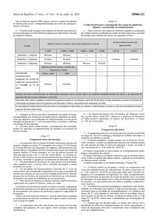 Diário da República, 2.ª série—N.º 114—16 de junho de 2016 18966-(3)
Nas escolas com mais de 2200 crianças e alunos, o número de adjuntos
do diretor pode ser de 3, independentemente dos níveis de educação e
ensino existentes.
3 — O diretor pode designar como adjunto um docente que pertença a
nível de educação ou ensino diferente daquele que determinou a fixação
do respetivo número.
Artigo 4.º
Crédito horário para o desempenho dos cargos de subdiretor,
adjunto e coordenador de estabelecimento
1 — Para o exercício dos cargos de subdiretor, adjunto e coordenador
de estabelecimento é atribuído um crédito de horas específico calculado
de acordo com o número de alunos, nos seguintes termos:
2 — Compete ao diretor proceder à distribuição do crédito de horas,
salvaguardando um mínimo de atividades letivas a distribuir ao subdi-
retor, aos adjuntos e ao coordenador de estabelecimento, no caso de ser
educador ou docente do 1.º ciclo do ensino básico, de forma a viabilizar
a avaliação do desempenho.
3 — As horas deste crédito horário, eventualmente não utilizadas,
podem ser aplicadas na implementação de medidas de promoção do
sucesso escolar.
Artigo 5.º
Componente letiva dos docentes
1 — Acomponente letiva a constar no horário semanal de cada docente
respeita o disposto no artigo 77.º conjugado com o artigo 79.º do Estatuto
da Carreira Docente dos educadores de infância e dos professores dos
ensinos básico e secundário (ECD), considerando-se que está completa
quando totalizar 25 horas semanais, no caso do pessoal docente da
educação pré-escolar e do 1.º ciclo do ensino básico, ou 22 horas se-
manais (1100 minutos), no caso do pessoal docente dos restantes níveis
de ensino, incluindo os grupos de recrutamento da educação especial.
2 — No preenchimento do horário de cada docente tem prioridade,
sobre qualquer outro, o serviço letivo resultante dos grupos e turmas
existentes na escola.
3 — As Atividades de Enriquecimento Curricular do 1.º ciclo do
ensino básico são consideradas componente letiva para os docentes de
carreira nas situações em que a escola é entidade promotora e o docente
possua já no seu horário um mínimo de seis horas letivas, sem prejuízo
do disposto nas regras de distribuição de serviço docente.
4 — Para efeitos do disposto no número anterior, o diretor procede à
organização dos respetivos horários, tendo em conta:
a) O número de docentes de carreira existentes na escola, a adequação
do perfil dos docentes ao nível etário dos alunos e a existência de grupos
de recrutamento com número de professores superior à capacidade de
lecionação;
b) Que o docente titular de turma no 1.º ciclo do ensino básico assegura
as componentes do currículo constantes da respetiva matriz curricular,
com exceção do Inglês.
5 — A componente letiva de cada docente de carreira tem de estar
completa, não podendo, em caso algum, conter qualquer tempo de
insuficiência.
6 — Ao desenvolvimento das atividades de desporto esco-
lar, no ano letivo 2016-2017, aplica-se o disposto do Despacho
n.º 6984-A/2015, publicado no Diário da República, 2.ª série,
n.º 120, de 23 de junho.
Artigo 6.º
Componente não letiva
1 — Acomponente não letiva do serviço docente encontra-se definida
no artigo 82.º do ECD e abrange a realização de trabalho individual e a
prestação de trabalho na escola.
2 — O diretor estabelece o tempo mínimo, até ao limite de 150 mi-
nutos semanais, a incluir na componente não letiva de estabelecimento
de cada docente de todos os níveis de educação e ensino, de modo a
que, nos termos do n.º 4 do artigo 82.º do ECD:
a) Fiquem asseguradas as necessidades de acompanhamento peda-
gógico e disciplinar dos alunos;
b) Sejam realizadas as atividades educativas que se mostrem neces-
sárias à plena ocupação dos alunos durante o período de permanência
no estabelecimento escolar;
c) Sejam asseguradas as atividades atribuídas à Equipa TIC.
3 — O diretor atribui as atividades a incluir na componente não
letiva de estabelecimento de cada docente, de entre as previstas no
n.º 3 do artigo 82.º do ECD ou outras aprovadas pelo conselho pe-
dagógico ou consagradas na legislação em vigor, designadamente
ações de formação de docentes da escola de acordo com o seu plano
de formação, em articulação com o centro de formação da associação
de escolas, e as que promovam um efetivo trabalho colaborativo
entre docentes.
4 — No âmbito da autonomia pedagógica e organizativa das escolas,
aquando da elaboração dos horários é tido em consideração o tempo
necessário para as atividades de acompanhamento e de vigilância dos
alunos do 1.º ciclo durante os intervalos entre as atividades letivas,
com exceção do período de almoço, ao abrigo da alínea l) do n.º 3 do
artigo 82.º do ECD, assim como o atendimento aos encarregados de
educação.
5 — Sempre que um docente tenha, no mesmo dia, serviço letivo
distribuído em diferentes estabelecimentos do mesmo agrupamento, o
tempo de deslocação entre eles é considerado como componente não
letiva de estabelecimento.
 